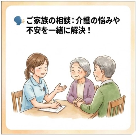 訪問看護の様子を説明する4コマ漫画
ご家族の相談：介護の悩みや不安を一緒に解決！