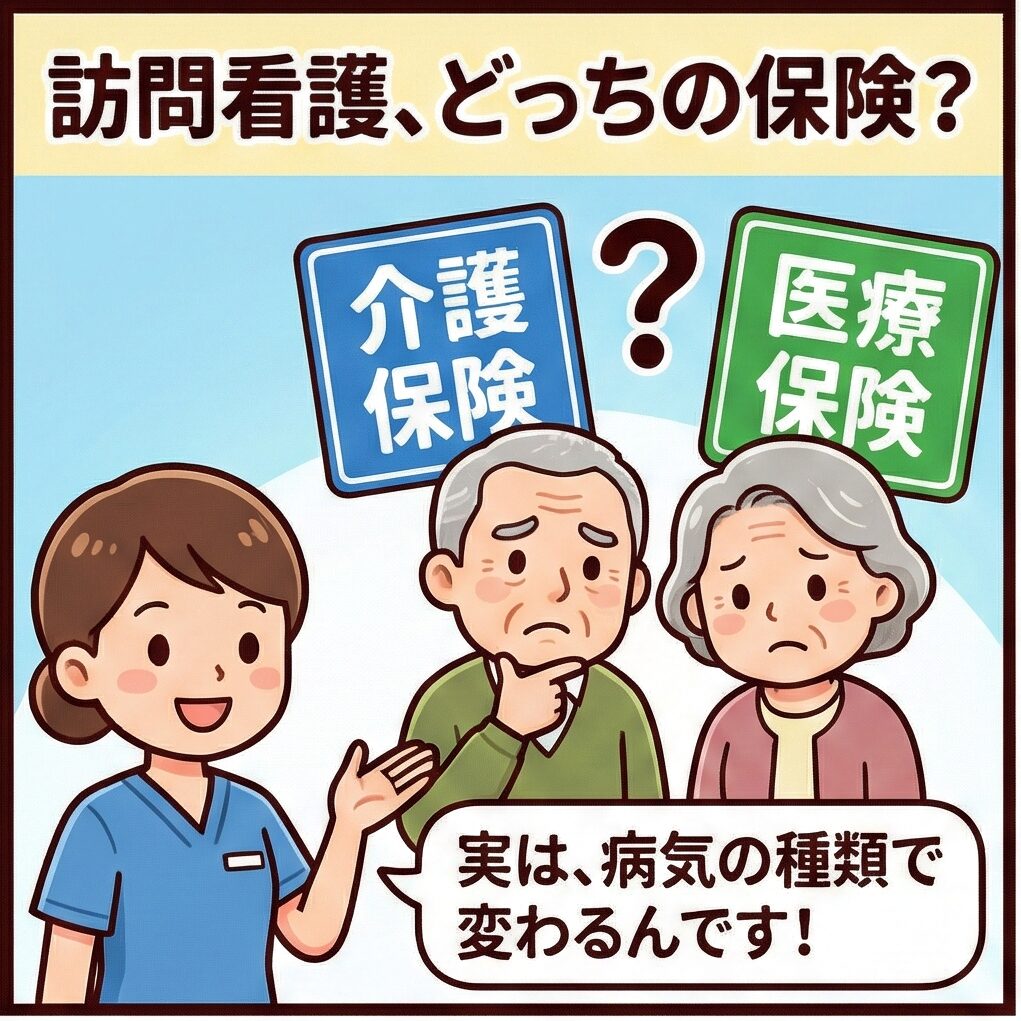訪問看護、どっちの保険？
介護保険、医療保険。
病気の種類で保険の使用が変わります。