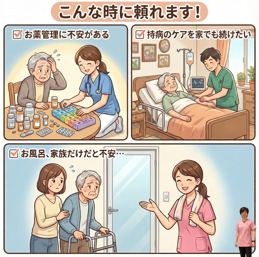 こんな時に頼れます！
・お薬管理に不安がある
・持病のケアを家でも続けたい
・お風呂、家族だけだと不安
そんなときは訪問看護にご相談ください。
