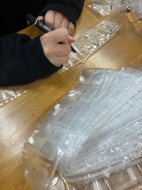 訪問看護師がお薬カレンダーに薬をセットする準備をしている