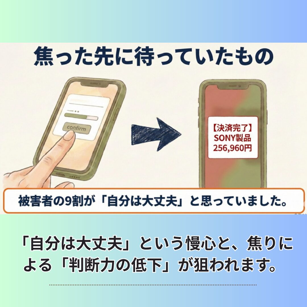 スマホ詐欺の決済画面と自分は大丈夫という慢心の危険性を伝えるスライド
