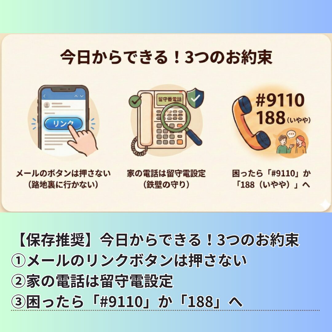 今日からできる3つのお約束：リンクを押さない、留守電設定、相談窓口へ電話