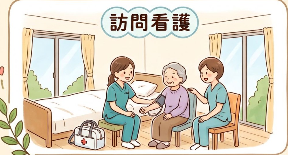 看護師が自宅で血圧を測るイラスト