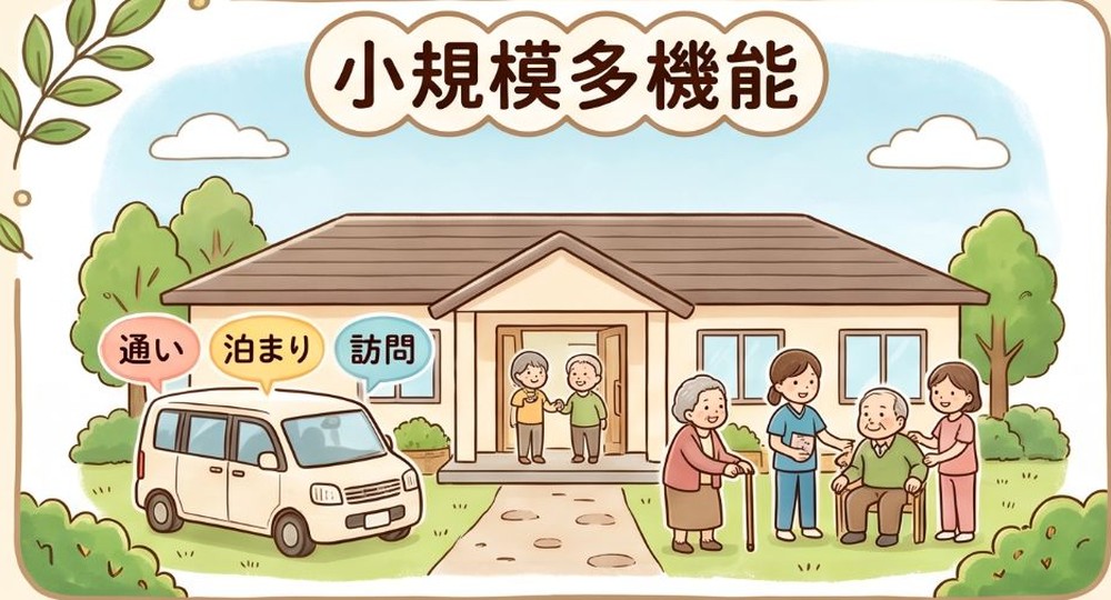 通い・泊まり・訪問と、利用者とスタッフのイラスト