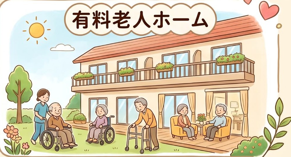 有料老人ホームの建物と利用者のイラスト